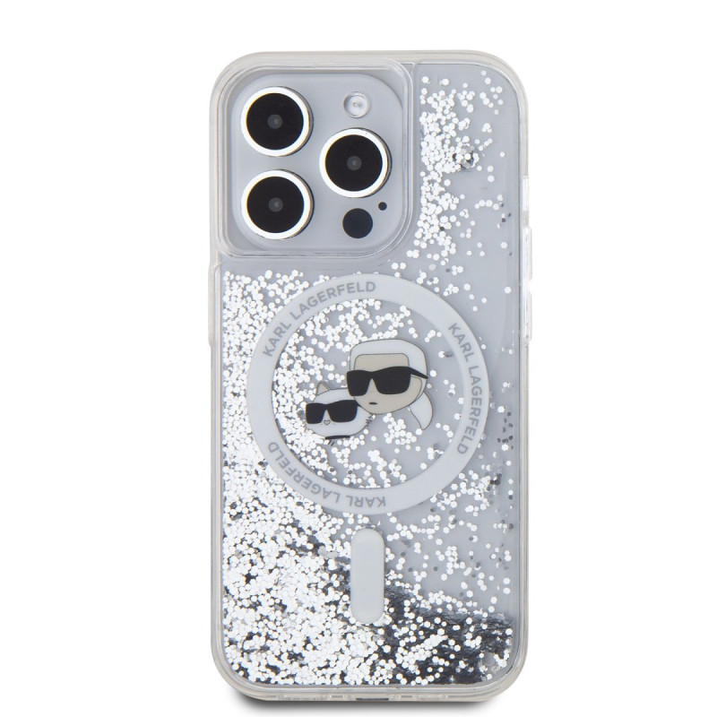 Karl Lagerfeld Liquid Glitter Karl and Choupette Heads MagSafe Case for iPhone 15 Pro Max / Transparent