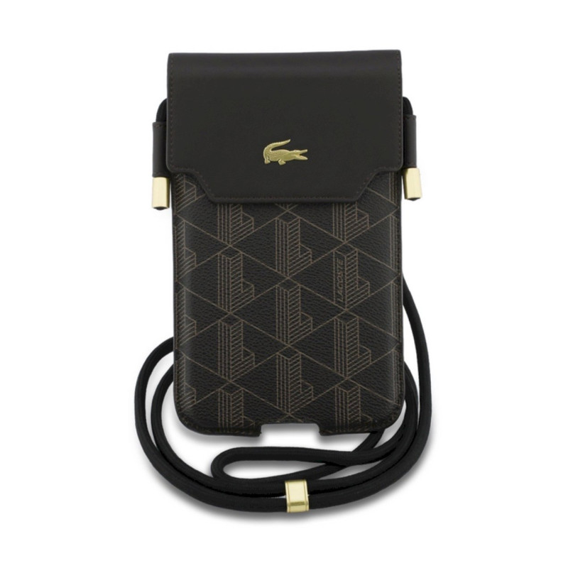 Lacoste PVC Blend Monogram Metal Logo Phone Pouch XL Brown