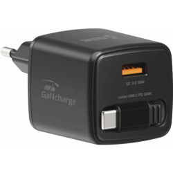 Swissten SlideCHARGE Power Charger GaN 30W USB-A 18W With retractable USB-C cable 0.75m black