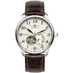 Zeppelin LZ 127 Graf Zeppelin Open Heart Men’s Watch 40mm Silver Dial Dark Brown Leather Strap