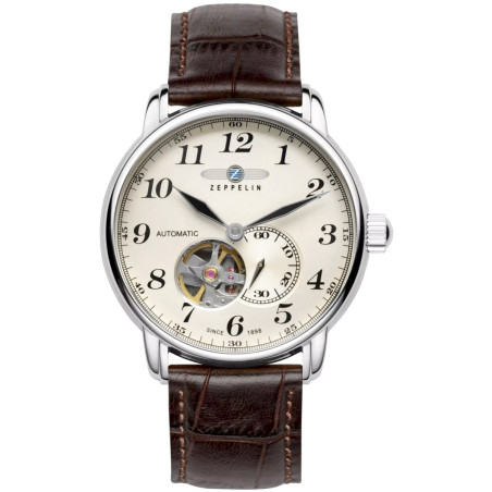 Zeppelin LZ 127 Graf Zeppelin Open Heart Men’s Watch 40mm Silver Dial Dark Brown Leather Strap