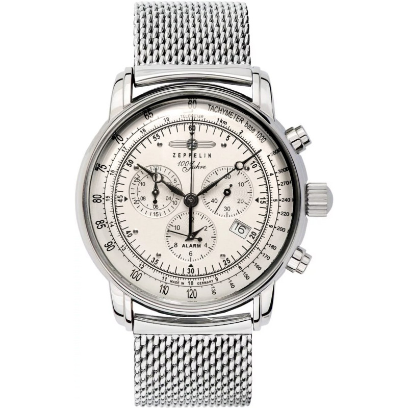 Zeppelin 100 Jahre Quartz Chronograph Men’s Watch 42mm Silver Dial Stainless Steel Mesh Bracelet