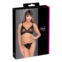 Cottelli Lingerie Bra & Rio Thong Set L Black Embroidered Powernet
