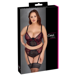 Cottelli Curves Longline Bra & Suspender Set Black/Red 90C XL