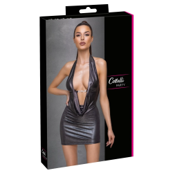 Cottelli Collection Dress Silver L - Shiny Halterneck Mini Dress with Rhinestones