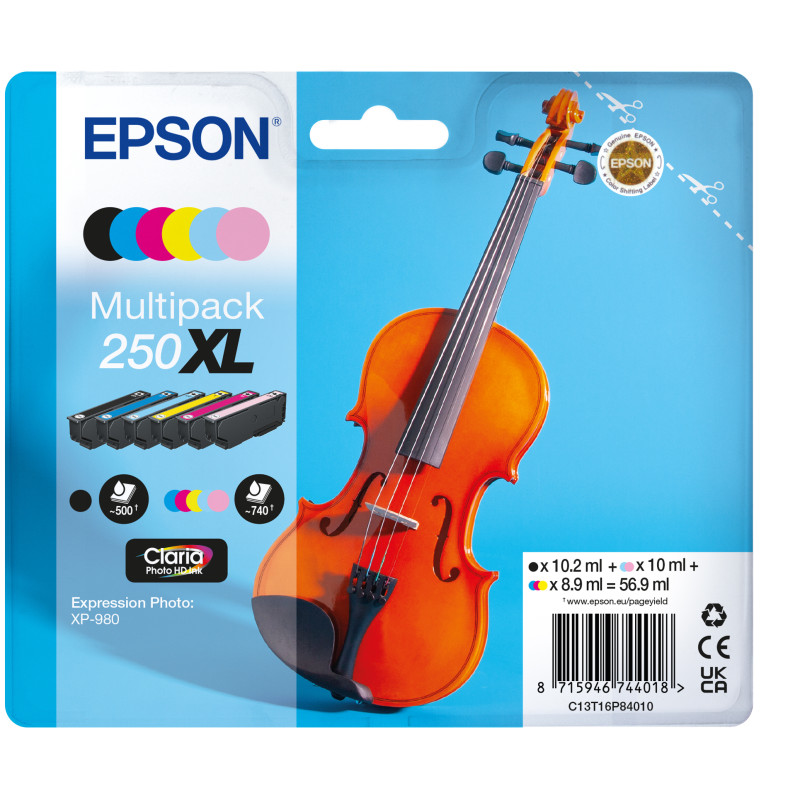 Epson 250XL Violin Claria Photo HD rašalo kasetė 1 vnt Originalus High (L) Yield Juoda, Žydras, Šviesus Cyan, Šviesi Magenta, Ra