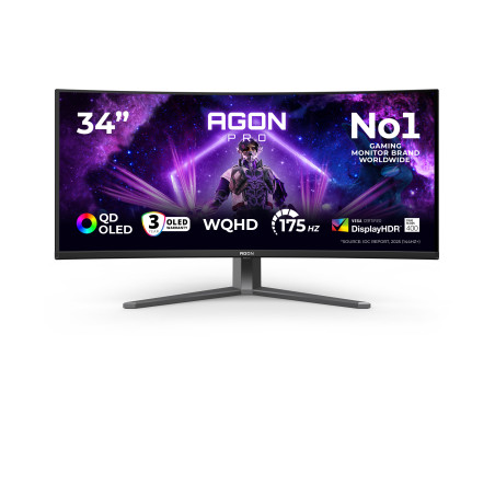 AOC AGON PRO AG346UCD kompiuterio monitorius 86,4 cm (34") 3440 x 1440 pikseliai Wide Quad HD QD-OLED Juoda, Pilka