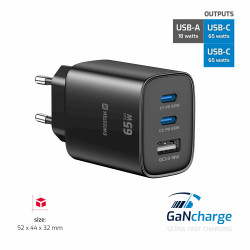 Swissten Edge Travel Charger Edge GaN 2x USB-C PD 65W + 1x USB-A 18W QC Black