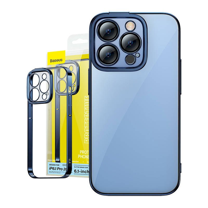 Baseus Glitter Transparent Case and Tempered Glass Set for iPhone 14 Pro / blue