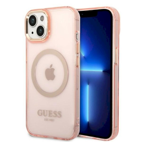 Guess GUHMP14SHTCMP Hardcase Gold Outline Translucent MagSafe for iPhone 14 / 15 6.1" / pink