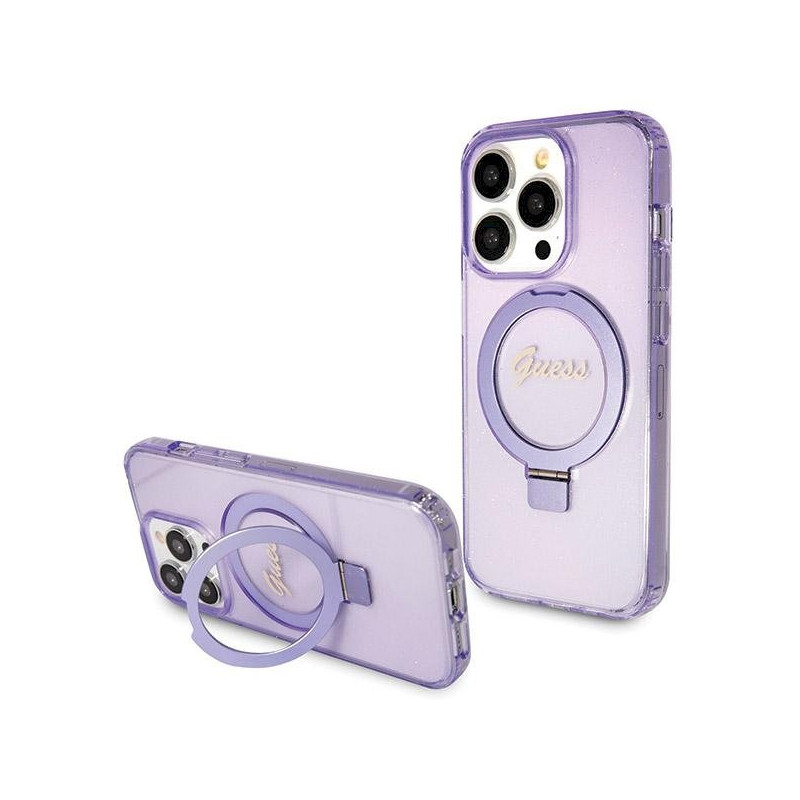 Guess GUHMP14XHRSGSU Hardcase Ring Stand Script Glitter MagSafe for iPhone 14 Pro Max 6.7" / purple