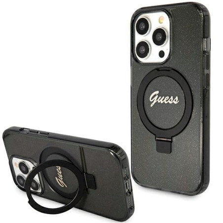 Guess GUHMP15LHRSGSK Hardcase Ring Stand Script Glitter MagSafe for iPhone 15 Pro 6.1" / black