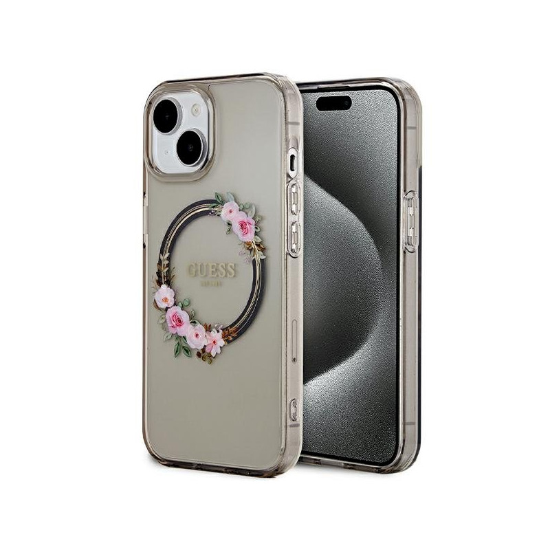 Guess GUHMP15SHFWFCK Hardcase IML Flowers Wreatch MagSafe for iPhone 15 / 14 / 13 6.1" / black