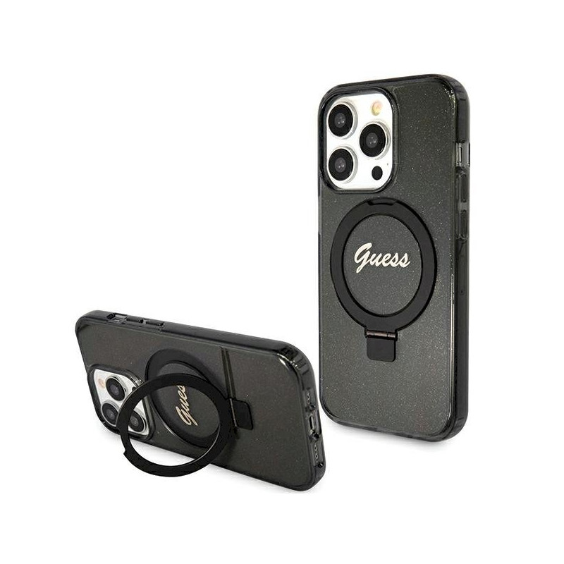 Guess GUHMP15XHRSGSK Hardcase Ring Stand Script Glitter MagSafe for iPhone 15 Pro Max 6.7" / black