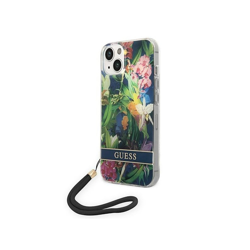 Guess GUOHCP14MHFLSB Hardcase Flower Strap for iPhone 14 Plus / 15 Plus 6.7" / blue
