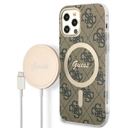 Guess Set GUBPP12MH4EACSW Case+ Charger for iPhone 12/12 Pro brown hard case 4G Print MagSafe
