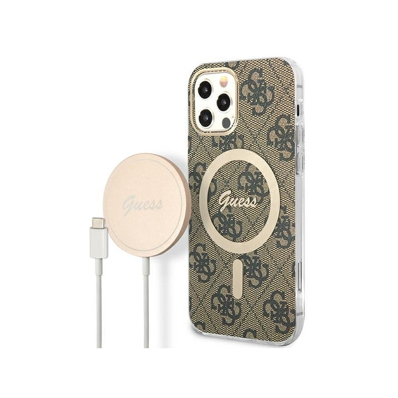 Guess Set GUBPP12MH4EACSW Case+ Charger for iPhone 12/12 Pro brown hard case 4G Print MagSafe