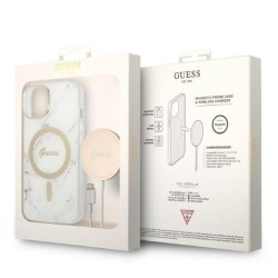 Guess Set GUBPP14MHMEACSH Case+Charger for iPhone 14 Plus / 15 Plus 6.7" / white hard case Marble