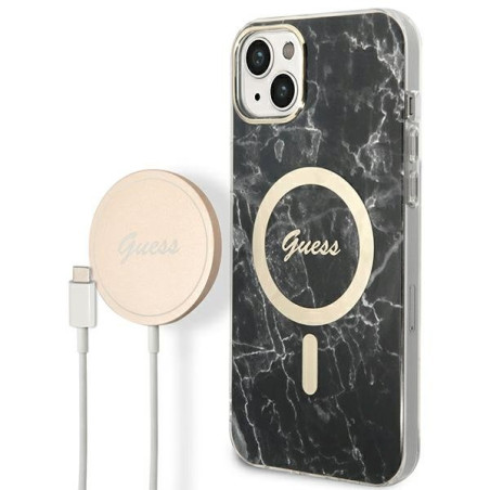 Guess Set GUBPP14SHMEACSK Case+ Charger iPhone 14 / 15 / 13 6,1" hard case Marble Mag / black