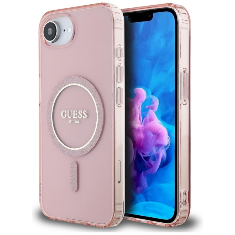 Guess IML Glitter Circle MagSafe Case for iPhone 16e/17e / pink