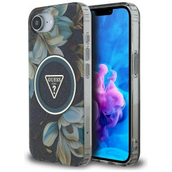 Guess IML Metal Glitter Flowers Triangle MagSafe Case for iPhone 16e/17e / black