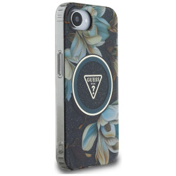 Guess IML Metal Glitter Flowers Triangle MagSafe Case for iPhone 16e/17e / black
