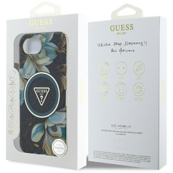 Guess IML Metal Glitter Flowers Triangle MagSafe Case for iPhone 16e/17e / black