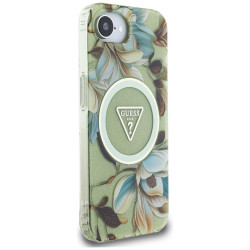 Case Guess IML Metal Glitter Flowers Triangle MagSafe for iPhone 16e / 17e / green