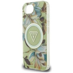 Case Guess IML Metal Glitter Flowers Triangle MagSafe for iPhone 16e / 17e / green