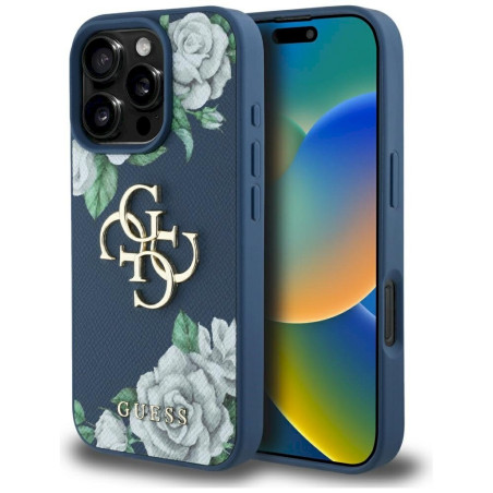 Case Guess Grained Roses Big 4G logo for iPhone 16 Pro Max / blue