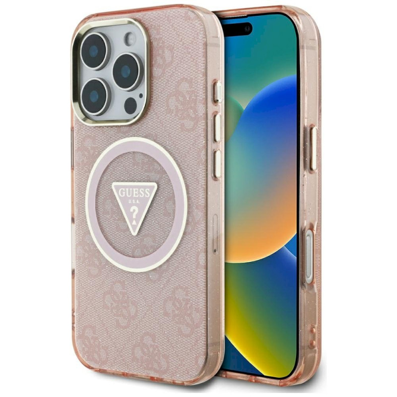 Guess IML Metal Glitter 4G Circle Triangle MagSafe for iPhone 16 Pro / pink