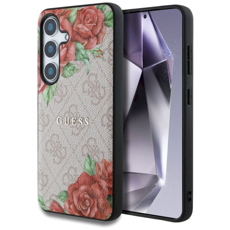 Guess Leather 4G Flowers Print Metal Classic Logo MagSafe Case for Samsung Galaxy S25 / pink