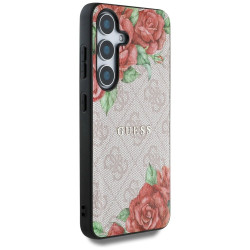 Guess Leather 4G Flowers Print Metal Classic Logo MagSafe Case for Samsung Galaxy S25 / pink