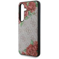 Guess Leather 4G Flowers Print Metal Classic Logo MagSafe Case for Samsung Galaxy S25 / pink
