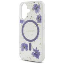 Case Guess Resin Flowers Glitter MagSafe for iPhone 16 / purple