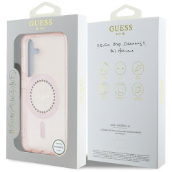 Case Guess Rhinestones Printed Classic Logo MagSafe for Samsung Galaxy S25 / pink