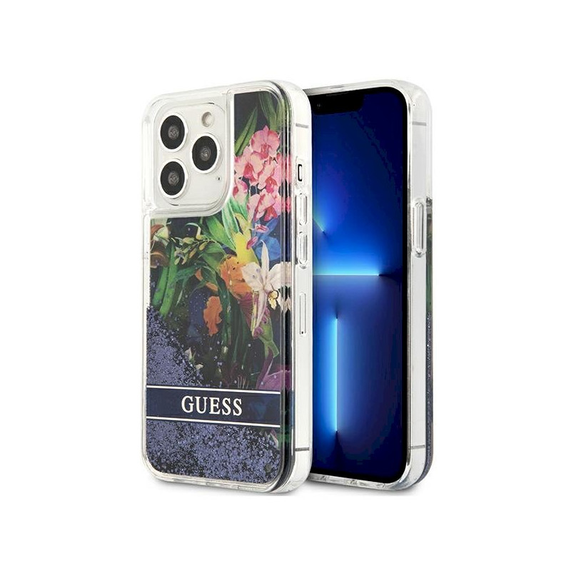 Guess GUHCP13LLFLSB Flower Liquid Glitter Hardcase for iPhone 13 Pro / 13 6,1" / blue