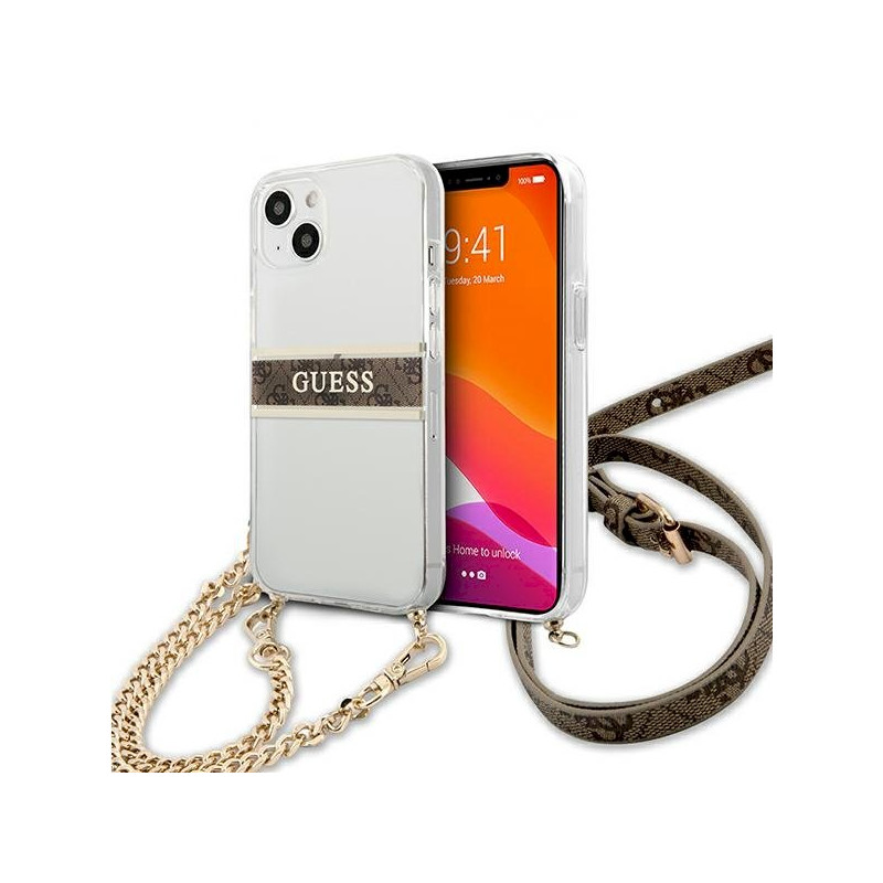 Guess GUHCP13SKC4GBGO iPhone 13 mini 5,4" Transparent hardcase 4G Brown Strap Gold Chain