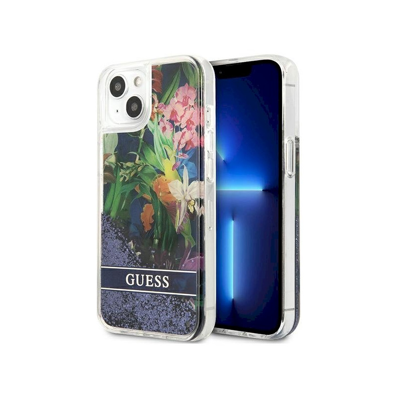 Guess GUHCP13SLFLSB Flower Liquid Glitter Hardcase for iPhone 13 mini 5,4" / blue