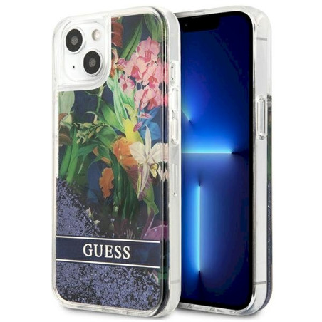 Guess GUHCP13SLFLSB Flower Liquid Glitter Hardcase for iPhone 13 mini 5,4" / blue