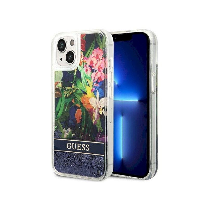 Guess GUHCP14MLFLSB Flower Liquid Glitter Hardcase for iPhone 14 Plus/15 Plus 6.7" / blue