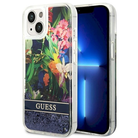 Guess GUHCP14SLFLSB Flower Liquid Glitter Hardcase for iPhone 14 / 15 / 13 6.1" / blue