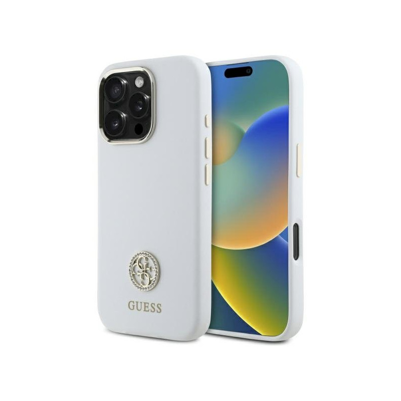Guess GUHCP16LM4DGPH Silicone Logo Strass 4G Hardcase for iPhone 16 Pro 6.3" / white