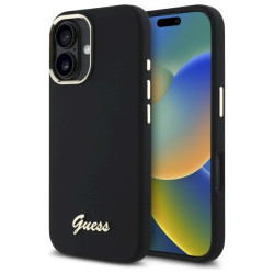 Guess GUHCP16SSMBSLK Silicone Script Metal Logo & Frame Hardcase for iPhone 16 6.1" / black