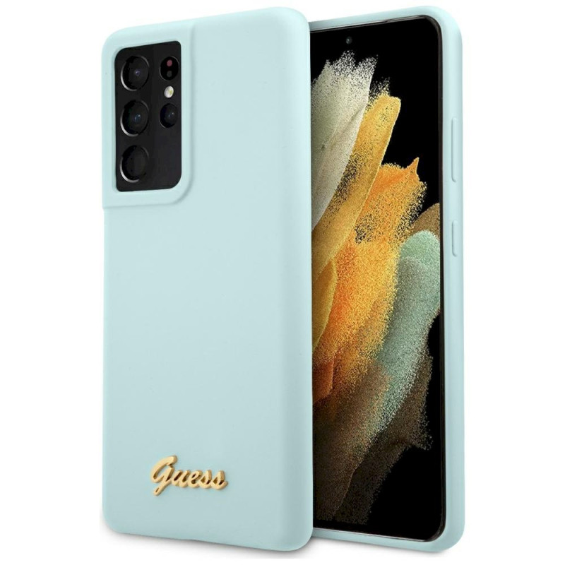 Guess GUHCS21LLSLMGLB Silicone Script Metal Logo Case for Samsung Galaxy S21 Ultra G998 / blue