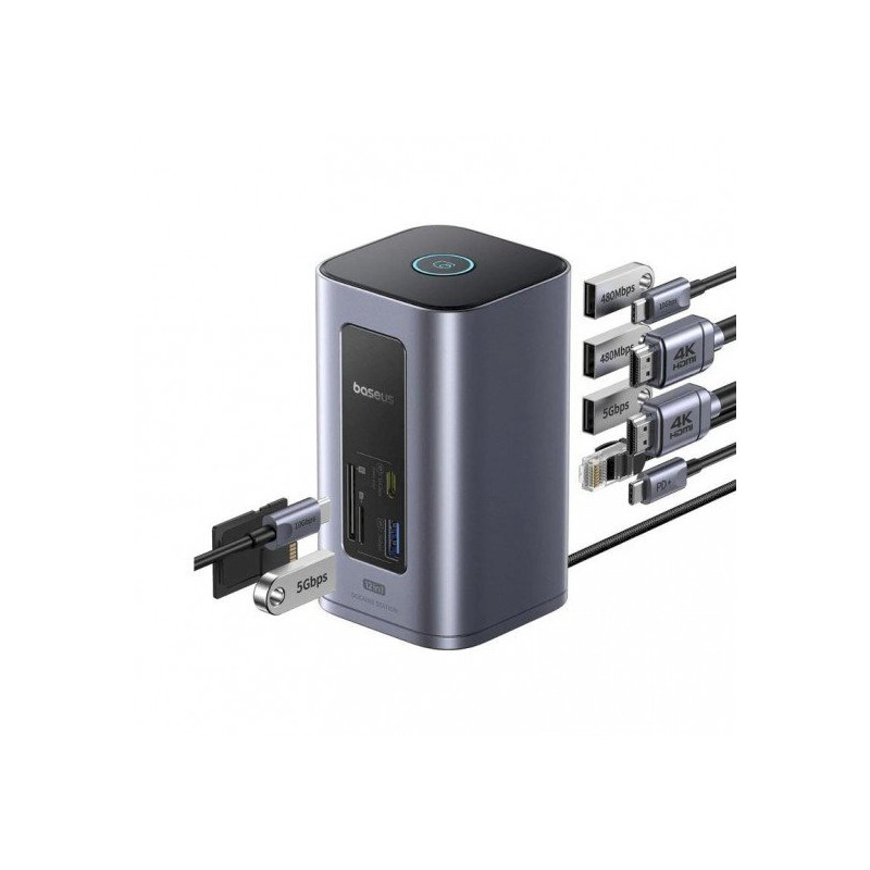 Baseus Air Spacemate 12-in-1 USB-C Docking Station 2xHDMI 4K@60Hz | 2xUSB-C 10Gb/s | 2xUSB-A 5Gb/s | 2xUSB-A 480Mb/s | RJ45 | SD