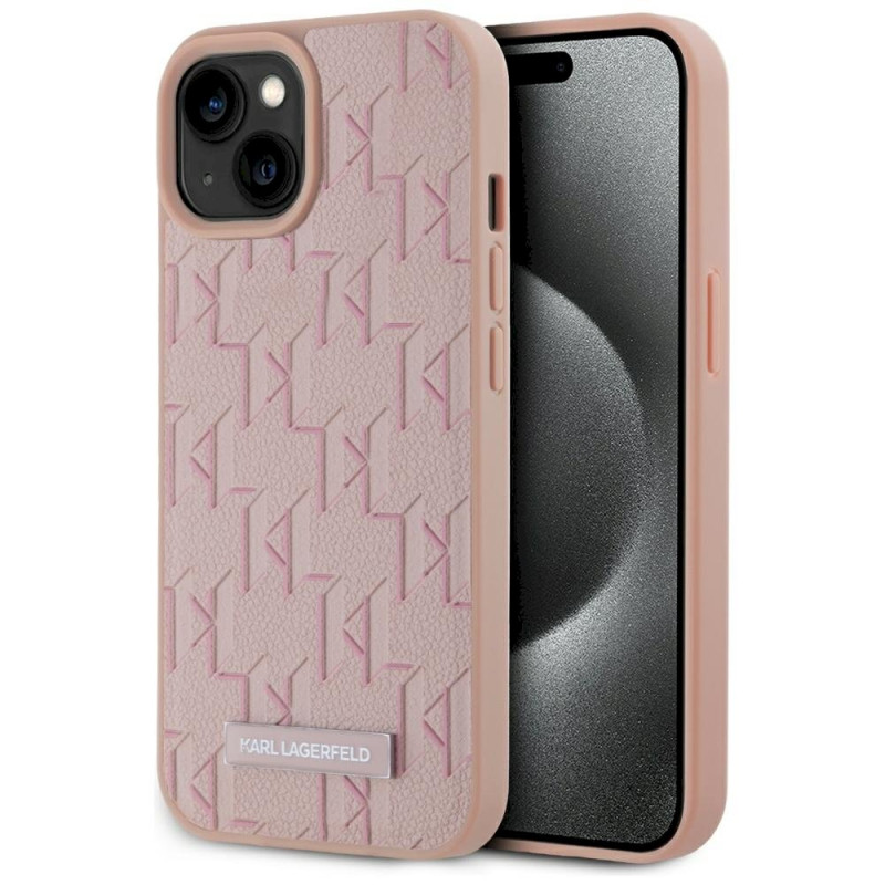 Karl Lagerfeld Leather Monogram Metal Logo MagSafe Case for iPhone 15 / pink