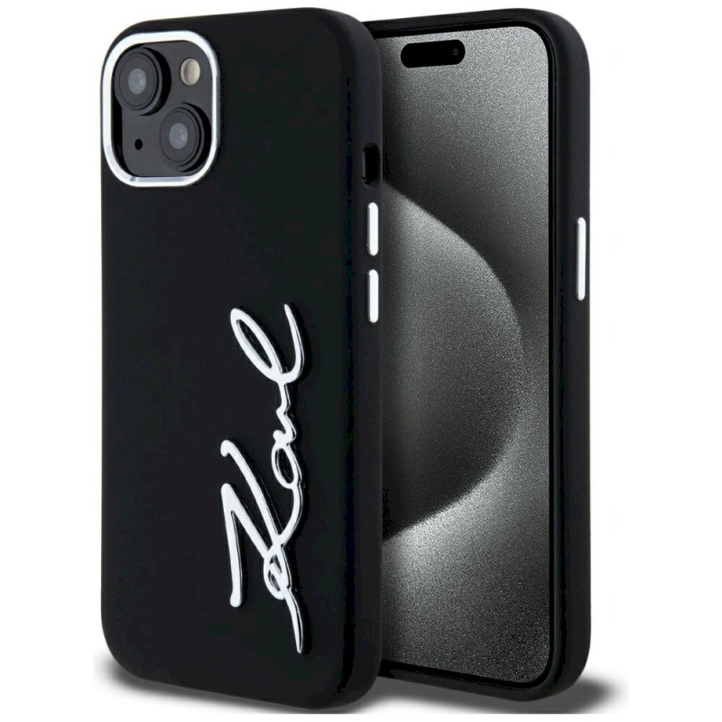 Karl Lagerfeld Silicone Metal Script Logo Case for iPhone 15 / black