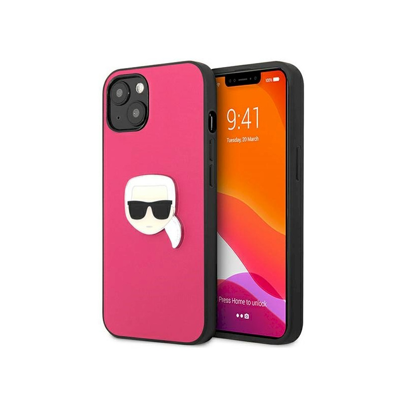 Karl Lagerfeld KLHCP13SPKMP Leather Ikonik Karl`s Head Metal Hardcase for iPhone 13 mini 5,4" / pink