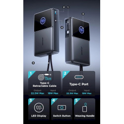 Joyroom JR-PR1 Power Bank with Digital Display C+U+U PD 22.5W 10000mAh with Built-in Retractable Type-C cable (0.7m) / black